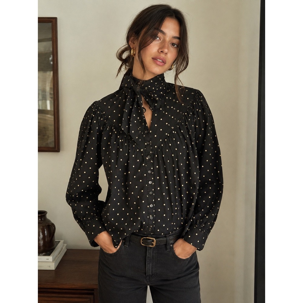 La Vie Rebecca Taylor Polka Dot Tie Neck Blouse Black Cream XL Long Sleeve Top